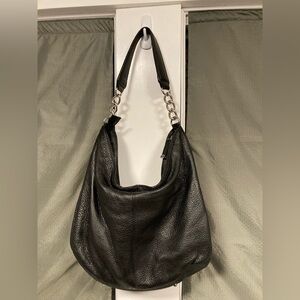 Calvin Klein Black Pebbled Leather Shoulder Bag with Silver Chain Accent